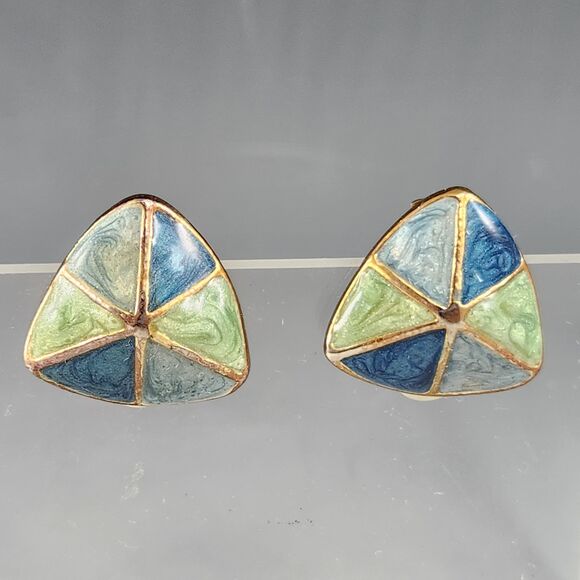 Jordache 1980s Clip On Earrings Blue Green & Aqua Enamel Triangle Shape New VTG - Picture 1 of 8